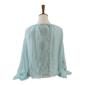 Giulia Italy Silk Blouse Womens L Blue Boho Romantic Soft Girl Fairy Embroidered